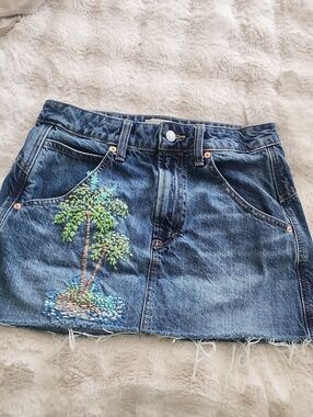 Universal Thread Denim Mini Skirt with Embroidered Green Palm Motif